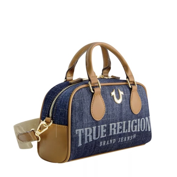 NWT Original TRUE RELIGION Denim Logo Mini Satchel Crossbody Bag Blue Brown - Picture 2 of 12